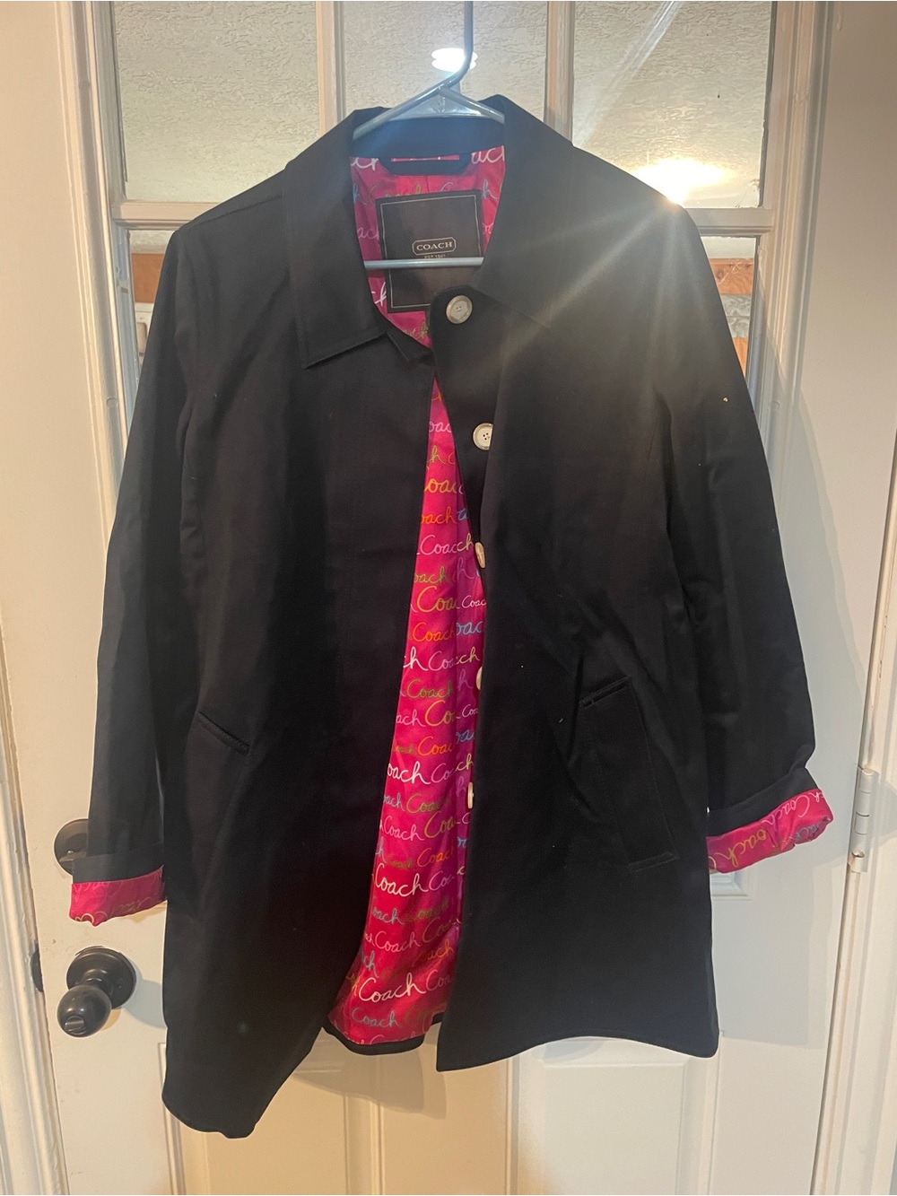 COACH Black Trench Coat with Pink Signature Lining